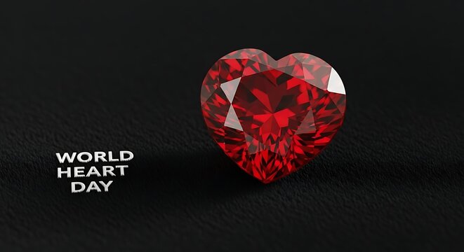 A dazzling red heart shaped diamond rests on a sleek black surface for World Heart Day