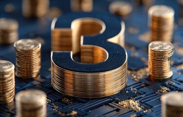Gold 3 atop circuit board, coin stacks