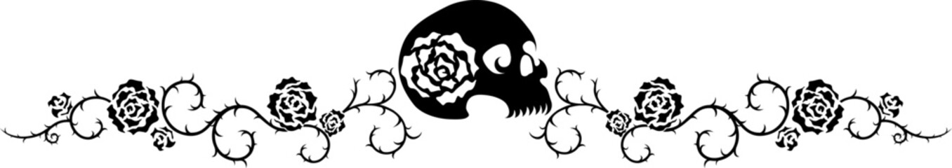 Skull with roses. Vector horizontal border. Halloween decoration.