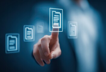 A person's finger touches a glowing document folder icon, surrounded by other similar icons