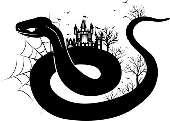 Snake with castle, forest and flying birds. Vector silhouette. Halloween decoration.