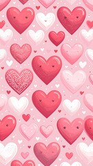 A cheerful, repeating pattern of various sizes and shades of hearts, with cute expressions, adds a touch of whimsy to a light pink background.