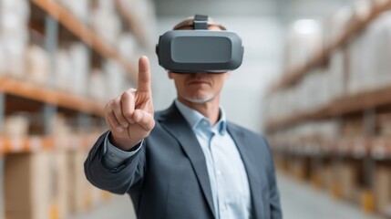 Business professional using virtual reality headset in a modern warehouse environment, exploring innovative technology solutions for efficient operations