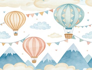 Whimsical watercolor hot air balloons floating above snowy mountains and clouds isolated on white background