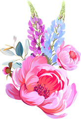 Beautiful vector bouquet of flowers. Summer peonies, colorful lupine, pink flowers.