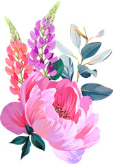Beautiful vector bouquet of flowers. Summer peonies, colorful lupine, pink flowers.