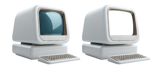 Set of two vintage personal computers with keyboard, isolated on transparent cutout background