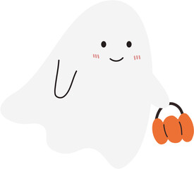 Cute Ghost Holding Pumpkin Cartoon Character 