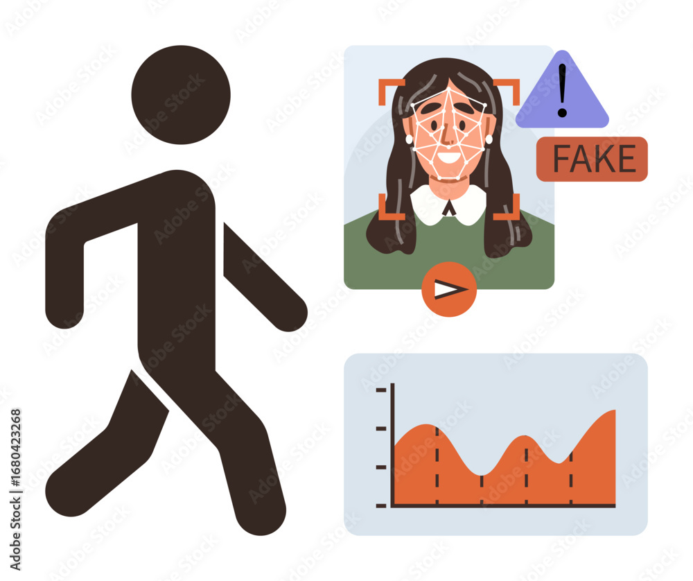 Poster person walking toward facial detection system catching fake profile with data chart analysis. ideal 