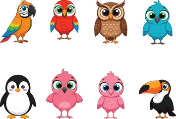 Colorful cartoon birds, parrot, owl, penguin, toucan, pink bird, red bird, blue bird, vector set, isolated, cute animal illustration