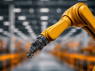 Yellow robotic arm performing precise tasks in modern industrial factory, showcasing advanced automation technology