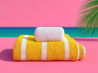 Yellow striped beach towel with white portable speaker on top, set against vibrant pink background and tropical palm leaf