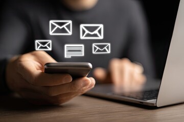 Person holding phone, email icons floating, laptop