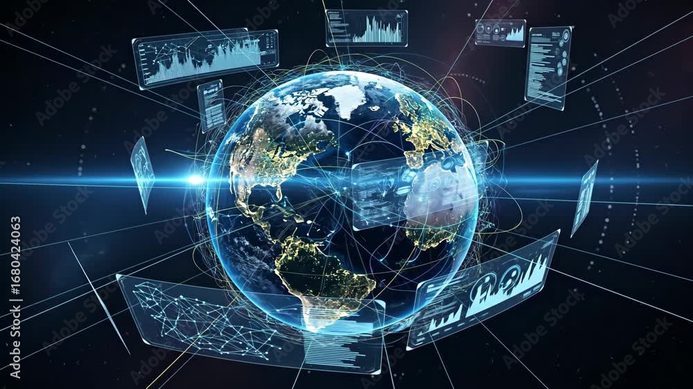 Poster global network visualization: illuminated earth with data - a 3d video of the earth at night, illumi