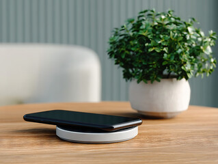 Smartphone placed on sleek wireless charging pad on wooden table, with potted plant in background