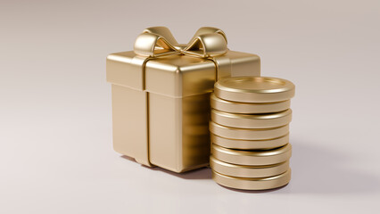 금으로 된 선물 상자와 쌓여져 있는 동전