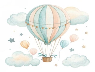 Obraz premium Whimsical watercolor hot air balloon with clouds and stars isolated on white background