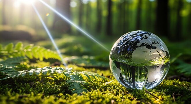 Ethereal Light on a Crystal Earth: A Globe's Caustic Reflection Among Delicate Forest Ferns