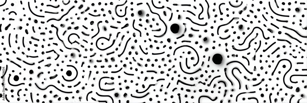 Poster abstract black and white design showcasing intricate patterns and shapes with flowing lines and dots