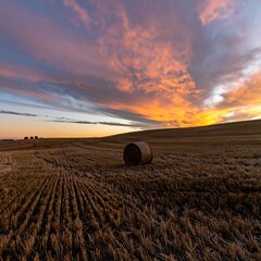 Hay bales in a golden field at sunset