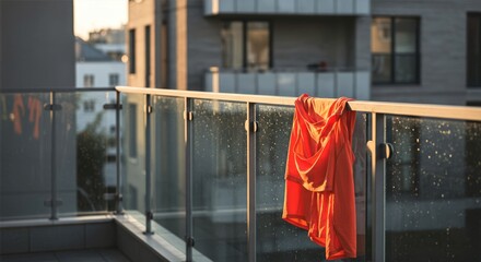 Softly glowing orange sportswear hangs to dry on sleek glass balcony railings where warmth meets moisture and urban life unfolds