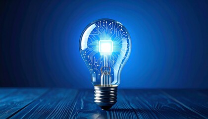 A glowing lightbulb, its interior a complex circuit board, radiates blue energy, Generated with AI.