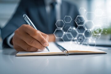 Businessman writing in spiral notebook with abstract tech overlay