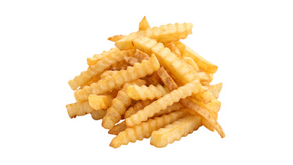 Crispy crinkle-cut fries piled high on a white plate ready to be served a transparent background