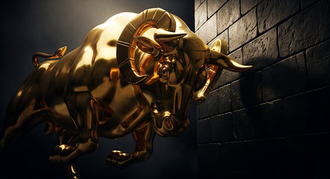 Breaking Barriers: A Powerful Battering Ram, Sculpted as a Golden Charging Bull, Poised to Strike.