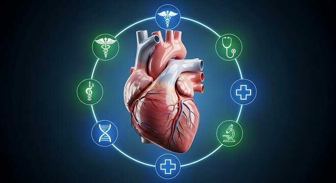 Anatomical heart illustration with medical symbols representing healthcare and cardiology