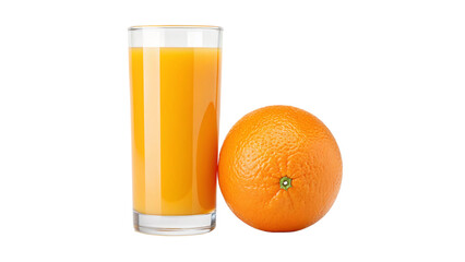 Freshly squeezed orange juice served in a glass alongside a whole orange on a transparent background