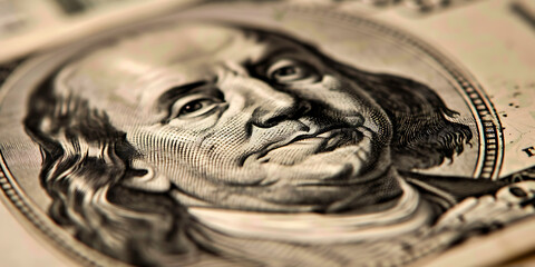 Close up of Benjamin Franklin portrait on hundred dollar bill with textured paper angled view financial theme