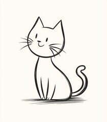 One-line drawing of cute cat with tail, simple minimal design in black lines on white background, clean vector art