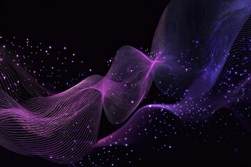 Abstract swirling lines of purple and violet, dotted with small glowing particles on a dark background