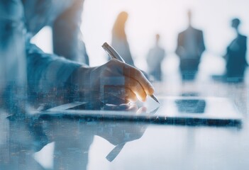 Businessperson signing digital document on tablet, overlaid with cityscapes