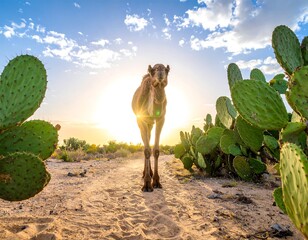A camel stands amidst a cluster of vibrant green prickly pear cacti in a sun-drenched desert landscape.