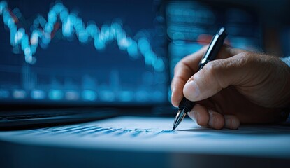 Close-up of hand writing on documents with financial charts in background