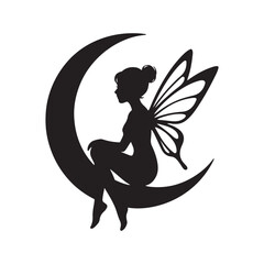 "Fairy Silhouette Sitting on Crescent Moon Clipart PNG"