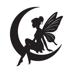 "Fairy Silhouette Sitting on Crescent Moon Clipart PNG"