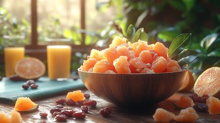 Healthy lifestyle card featuring an elegant bowl of Indian dry fruits alongside fresh juices yoga mats and nature inspired elements promoting well being