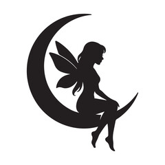 "Fairy Silhouette Sitting on Crescent Moon Clipart PNG"