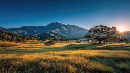 Sunrise over a grassy mountain valley