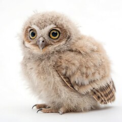 Obraz premium Adorable fluffy owlet with large curious eyes sits on a white background looking at the camera