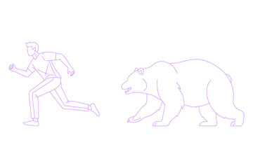 Line art illustration of person running away from bear