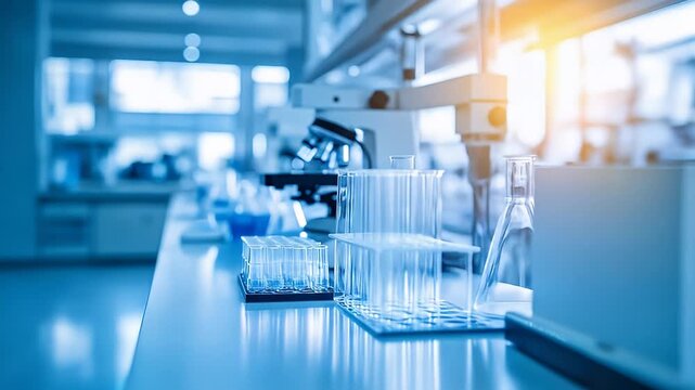 Blue Toned Laboratory Interior with Glassware Equipment and Modern Technology