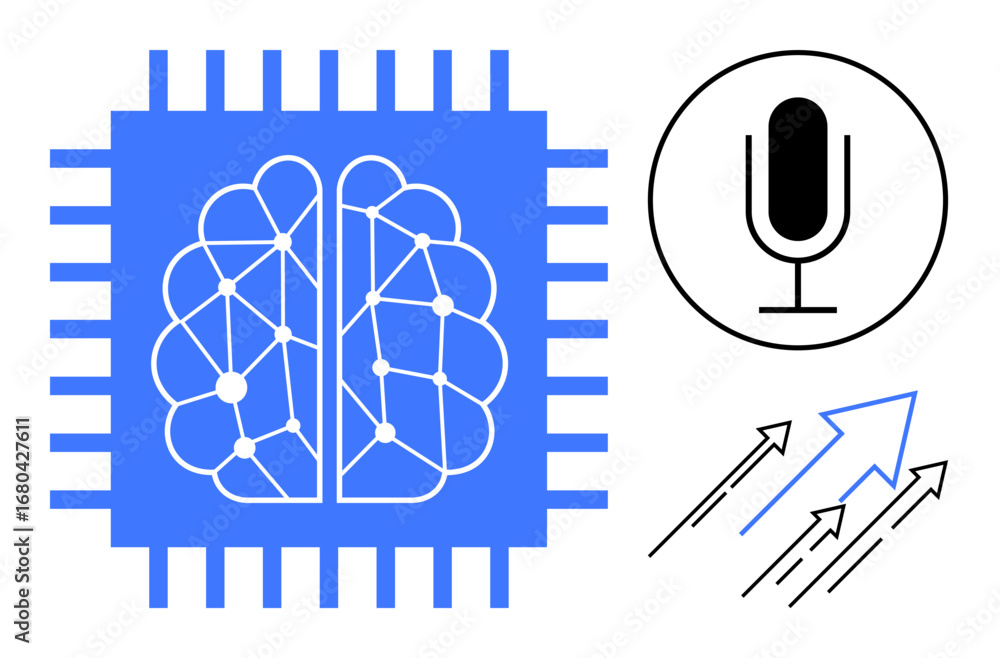 Poster a neural network within a processor chip, microphone symbolizing voice input, and arrows indicating 