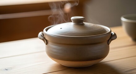 Rustic ceramic pot with steam rising, conveying warmth and culinary tradition in a serene setting