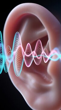 Medical hologram technology visualizes sound waves interacting with human ear, illustrating advanced auditory diagnostics and futuristic healthcare innovation, showcasing innovative healthcare