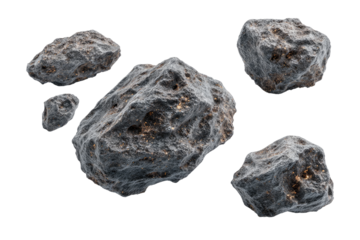 Space rocks, various sizes, gray-brown, textured surfaces
