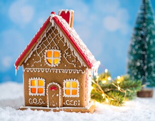 A charming gingerbread house, adorned with icing details, sits on a bed of snow, bathed in warm light.
